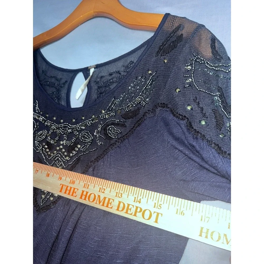 Free People Navy Blue Beaded Sequin Mesh Yoke Long Sleeve Flowy Blouse XS Boho
